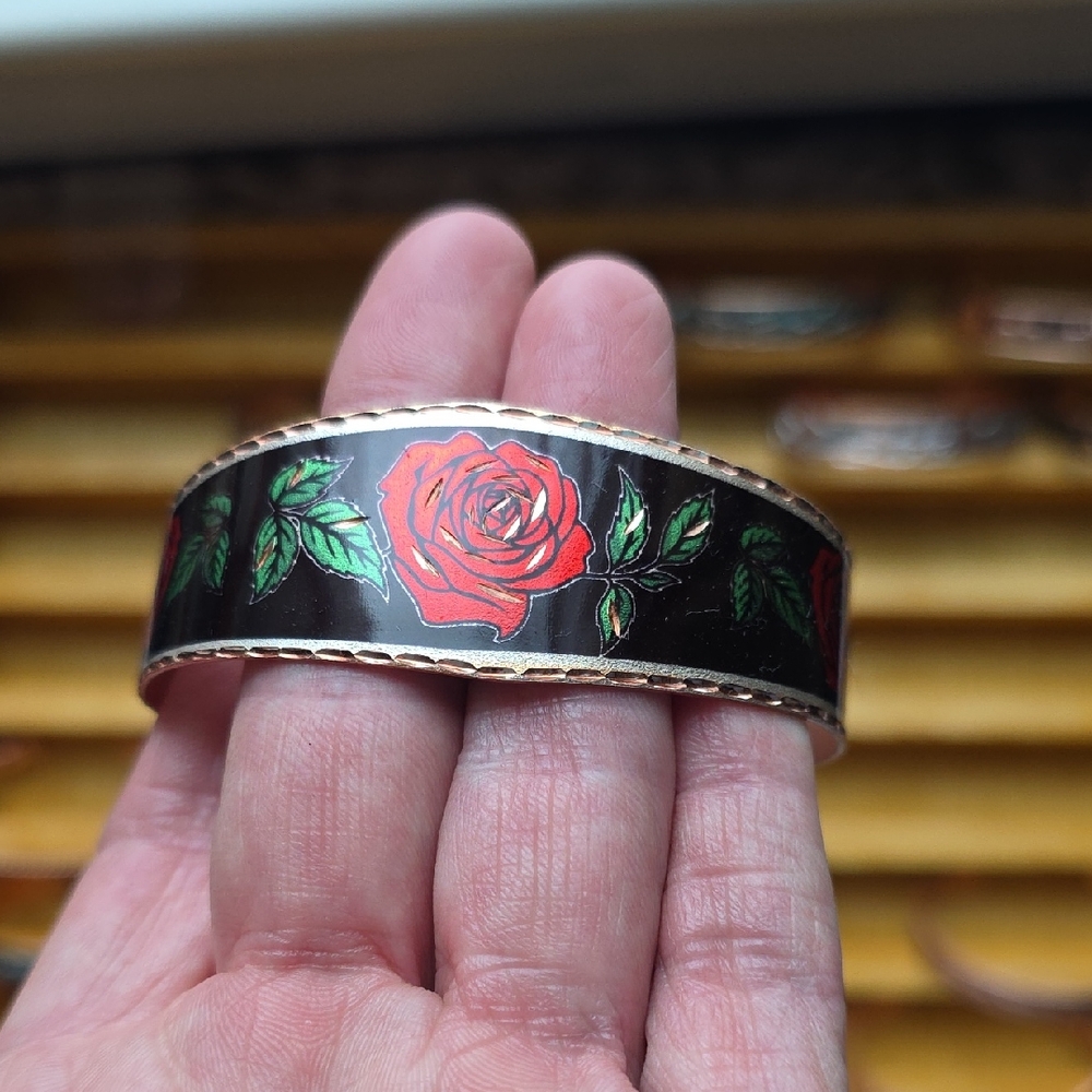 Floral Enamel Bracelet with Red Rose Design
